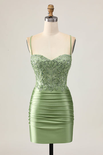 Bodycon Sequins Ruched Sage Green Short Cocktail Dress